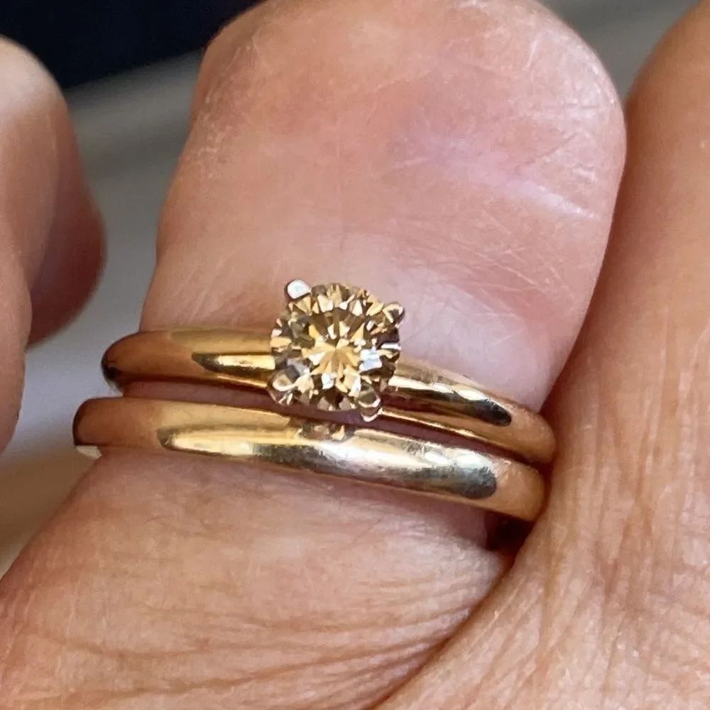 14K Fancy Champagne.55 Carat Diamond Solitaire Ring & 14K Wedding Band